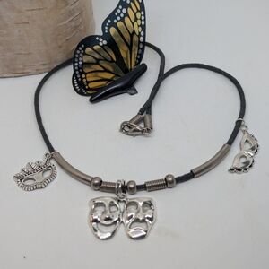 Comedy Tragedy Masks Charms Leather Handcrafted Unisex Necklace